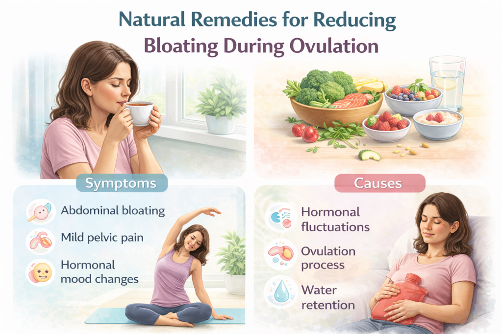 woman drinking herbal tea, eating healthy foods, doing light stretching or yoga, and using a warm compress on the abdomen.