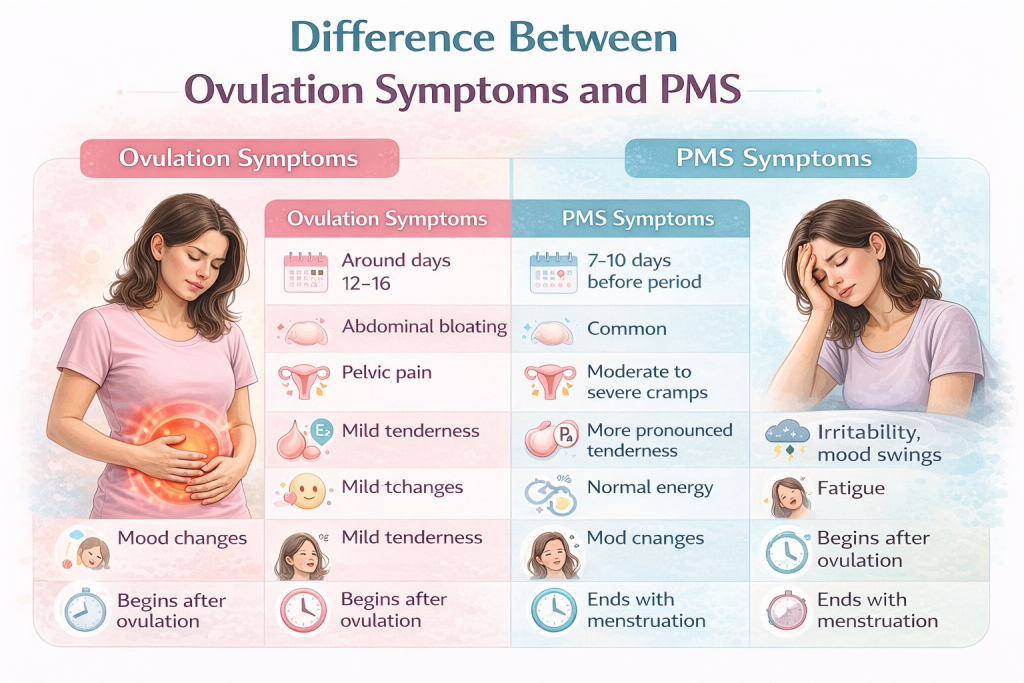 Medical infographic showing the difference between ovulation symptoms and PMS symptoms in a comparison table format.